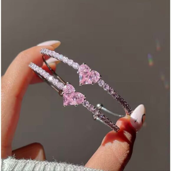 Silver Rhinestone Pink Heart Bangle Bracelet - Picture 1 of 5